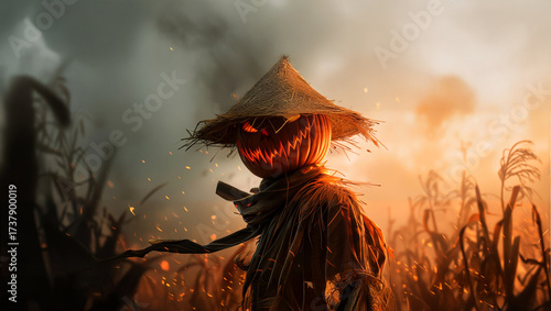 sinister scarecrow at dusk in cornfield