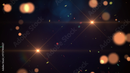 Happy New Year Abstract festive background with glowing light flares, colorful sparkles, and soft bokeh effects on a dark backdrop, creating a magical holiday atmosphere.