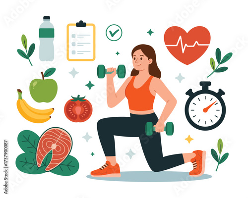 Healthy lifestyle and fitness illustration, flat vector of an exercising woman with diet and nutrition icons, active wellness routine, balanced health concept, workout motivation, and modern 