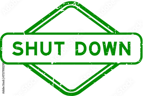 Grunge green shut down word rubber seal stamp on white background