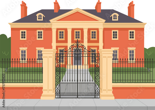 Flat vector illustration of a luxurious red brick mansion with a gate
