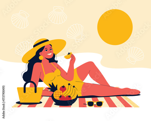 Charming Flat Minimalist Illustration of a Woman Enjoying a Picnic on a Sunny Beach with Fresh Fruit