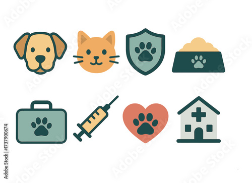 Pet care icons: dog, cat, veterinary tools, heart, and safety symbols