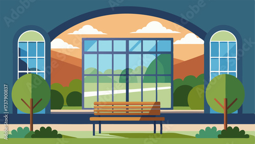 A large window with a bench underneath offering natural light and a view of the campus outside.