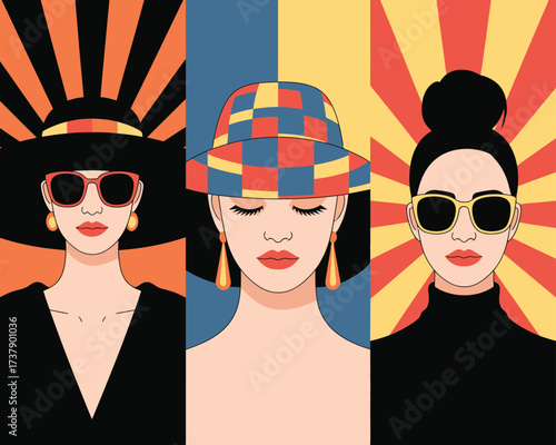 Stylized Illustration Triptych of Fashionable Women in Bold Colors