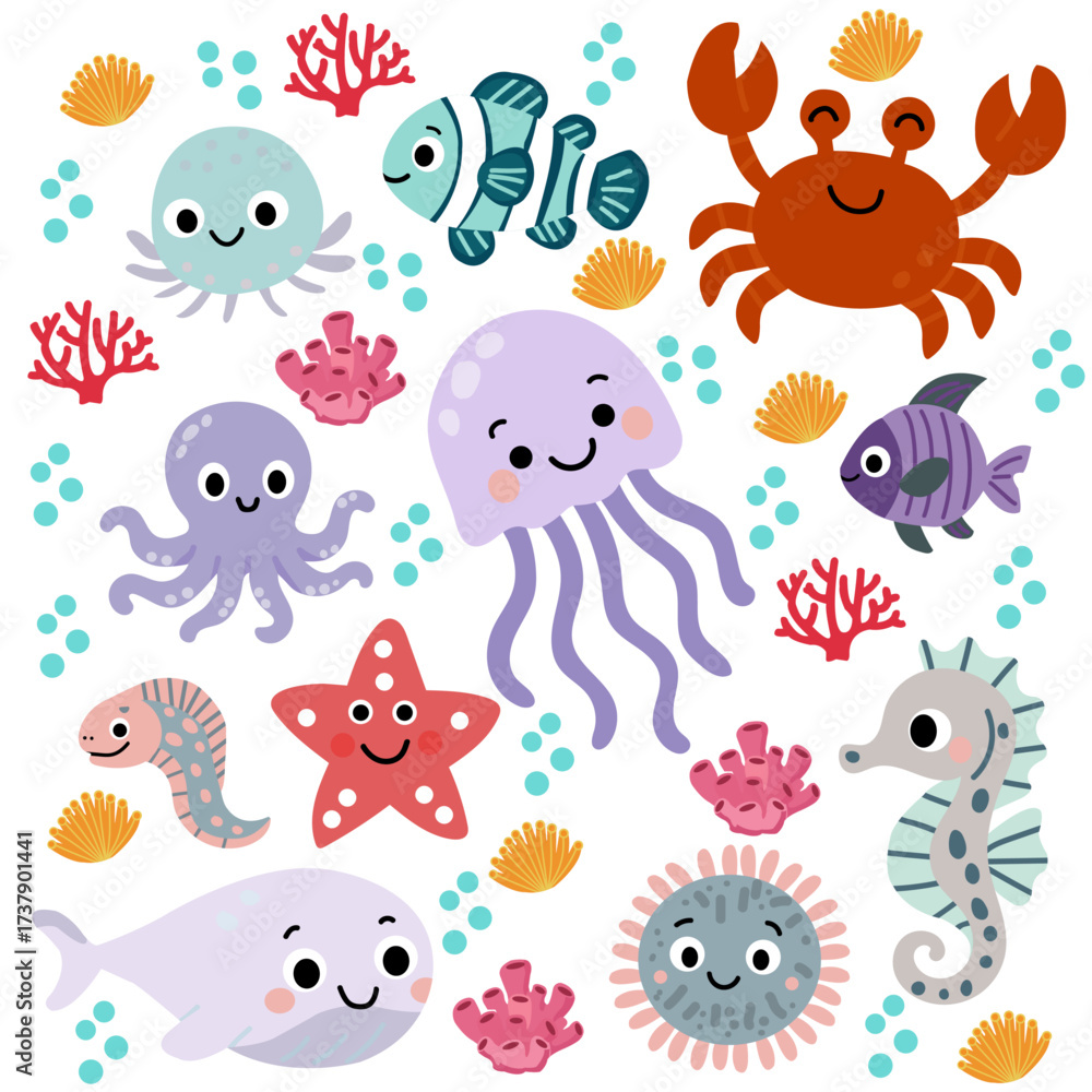 Obraz premium Colorful Underwater Creatures Illustrations Featuring Fish, Crab, Jellyfish, and Sea Life for Kids Decor