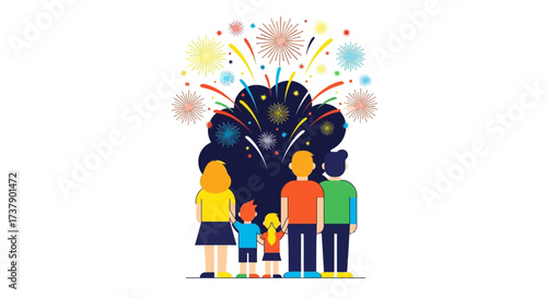 Vector Illustration of a Family Watching Fireworks Display Together in Celebration