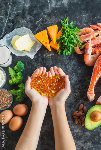 Products contain Omega 3. Selective focus.