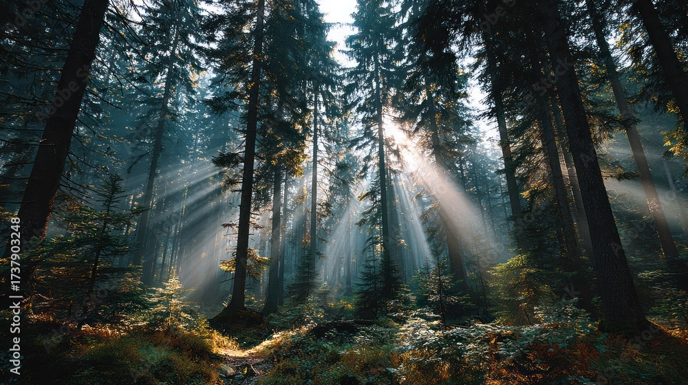Obraz premium Serene Sunlight Filte Through Tall Forest Trees Creating a Peaceful Natural Scene in a Dense Wooded Area Du Daytime