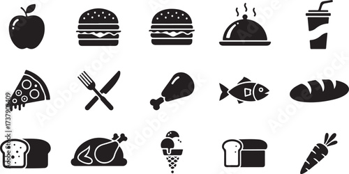 Diverse collection of food icons featuring meals drinks and ingredients for culinary concepts
