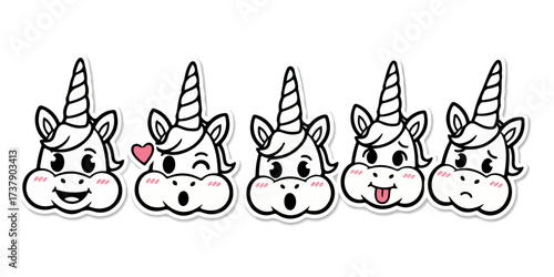 Five Cartoon Unicorn Heads Displaying Various Emotions on a White Background Sticker Style