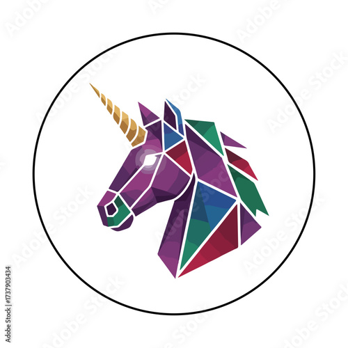 Geometric Unicorn Head with Golden Horn Isolated on White Background Illustration