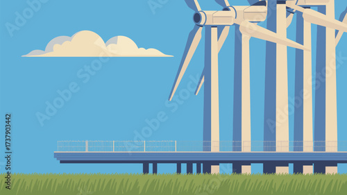 Wind turbines on a platform against a blue sky with a cloud and green grass in a cartoon style