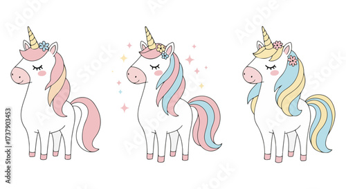Three Cute Unicorns with Pastel Colored Mane and Tail Illustration on White