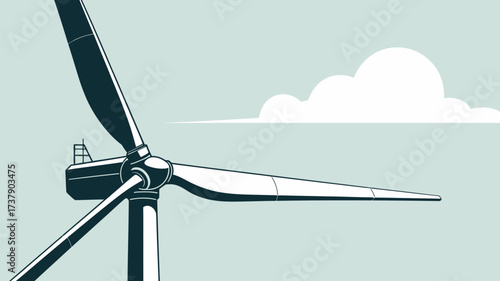 Illustration of a wind turbine with three blades against a light blue sky with a white cloud behind