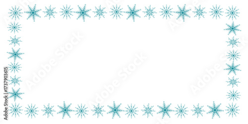 Vector winter border with delicate snowflakes on white background, elegant frosty frame for Christmas and New Year greeting cards, posters and invitations.