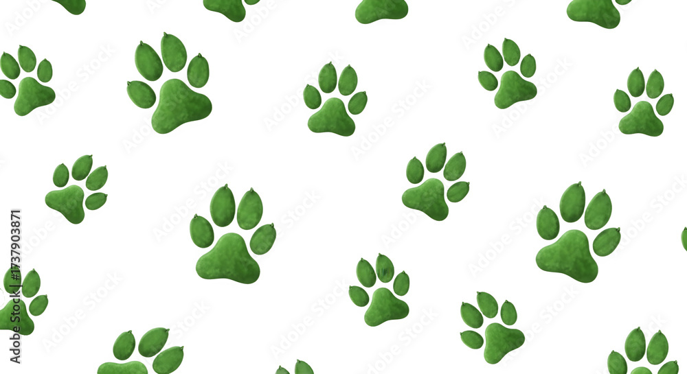 Fototapeta premium Green Paw Prints Pattern on White Background.