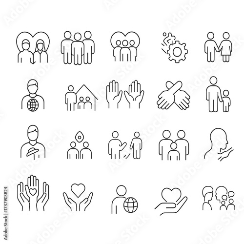 Charity and Community Care Line Icons Set – Family, Support, Humanity, Social Help