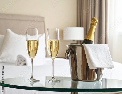 Hotel room with soft tones, pillows, and glass table with champagne in ice bucket and two flutes
