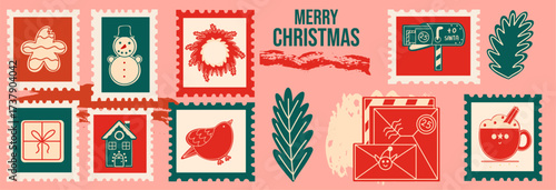 Christmas trendy vintage collage vector design. Decorative stamps with ginger bread, wreath, mail box, letter. Festive holiday elements.