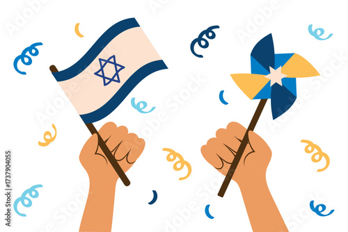 A hand holding an Israeli flag, the other hand holding a windmill, a Hanukkah