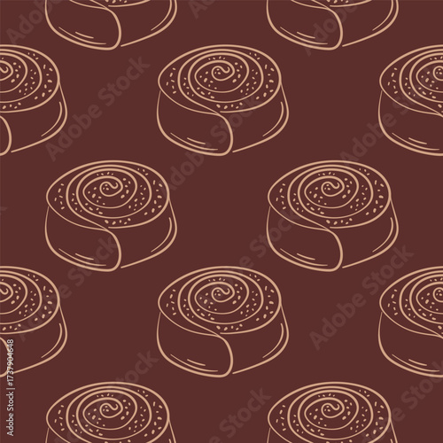 Cinnamon roll pastry seamless pattern in line art style. Perfect for kitchen wallpaper, bakery packaging, cafe menu design and sweet pastry background.