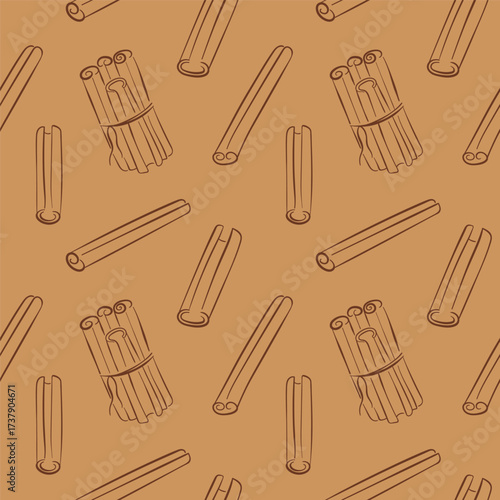 Seamless pattern with line art style cinnamon stick. Perfect for spice sore package, kitchen background and organic design.