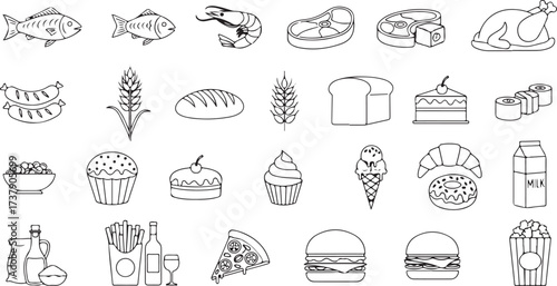 Collection of hand drawn food icons representing diverse culinary delights and ingredients