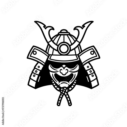 A black and white line art illustration of a traditional Japanese samurai kabuto helmet and mempo mask.