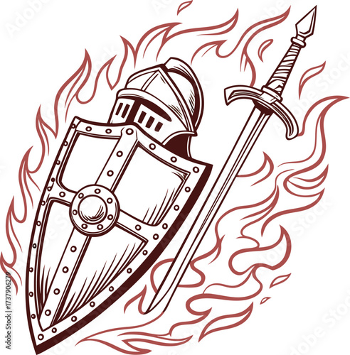 Knight's Shield, Helmet, and Sword in Flames