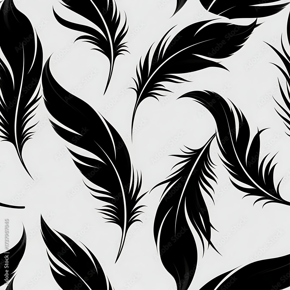Obraz premium Seamless pattern of elegant black feathers scattered on a light gray background, creating a soft and delicate texture.