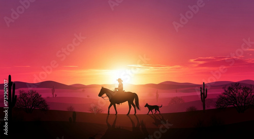 A lone cowboy rides his horse into the sunset with his loyal dog, silhouetted against the vibrant colors of the sky, creating a serene and peaceful scene