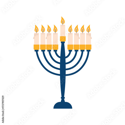 Hanukkah menorah candelabrum with nine lit candles, vector color icon for holiday web design
