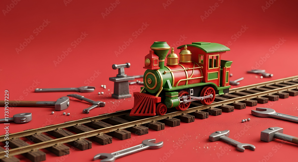 Fototapeta premium A miniature toy steam locomotive on a track surrounded by tiny tools for repair on a solid red background.