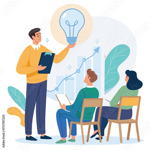 Vector art of business idea concept with team meeting, light bulb, and growth chart vector illustration for innovation and strategy