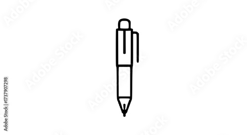 A simple, minimalist line drawing of a ballpoint pen with a cap and clip, isolated on a white background.