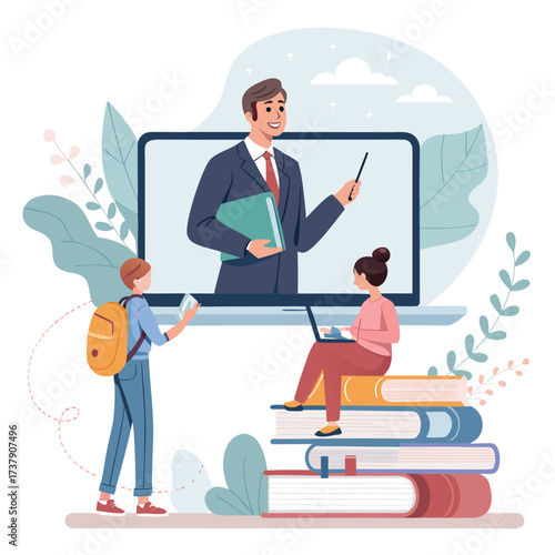 Vector art of online education concept a student with a backpack stands with a phone, while a girl sits on books with a laptop, watching a teacher on a computer screen