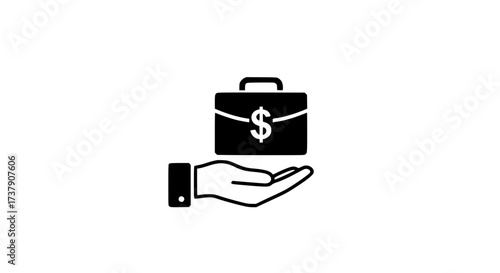 Hand holds briefcase black white icon 