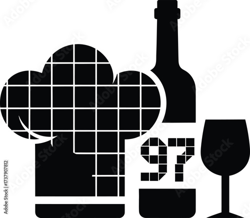 Chef hat bottle and wine glass with number ninety seven