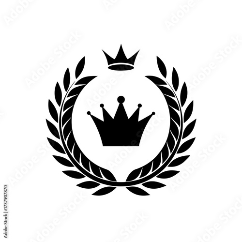 Crowns inside laurel wreath black and white on transparent background