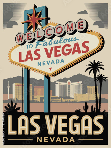 Flat Mid-Century Modern Las Vegas Travel Poster with Retro Neon Sign, Casino Lights, Red and Yellow Colors on Beige Background, Iconic Skyline Wall Art, Vintage Style
