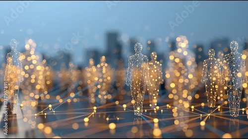 Digital Network of Minds: Captivating visual of connected human forms illuminated by data networks and representing a society driven by a technology connection.