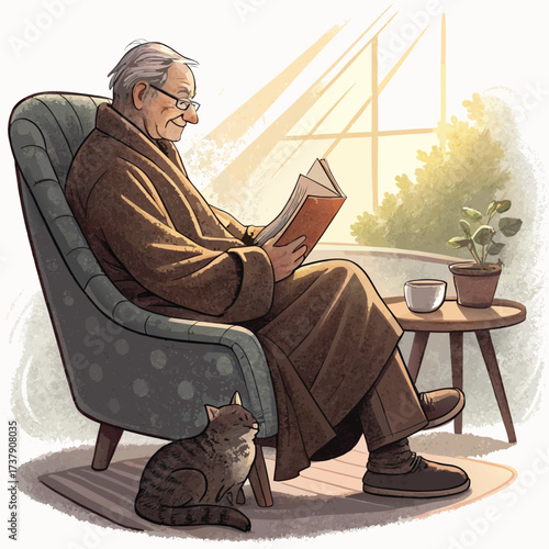 Vector art of an elderly man enjoys a peaceful afternoon reading a book in his cozy armchair, with his cat by his side and sunlight streaming through the window