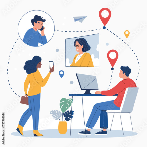 Vector art of people connecting remotely through video calls, working from home, and staying connected with friends and family