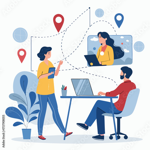 Vector art of team members collaborating remotely through online meeting, sharing ideas, and staying connected with technology