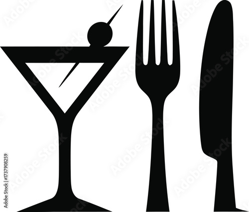 Elegant martini glass fork and knife silhouette for dining and drinks