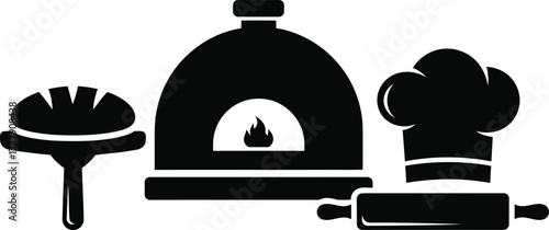 Baking icons pizza oven chef hat rolling pin and bread