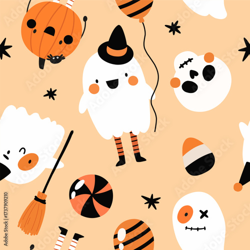 Seamless pattern with cute Halloween characters. Flat style, hand-drawn pattern.