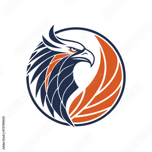 Fierce phoenix head emblem with bold orange and navy blue wings