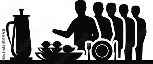 Silhouettes of people serving food from a buffet line